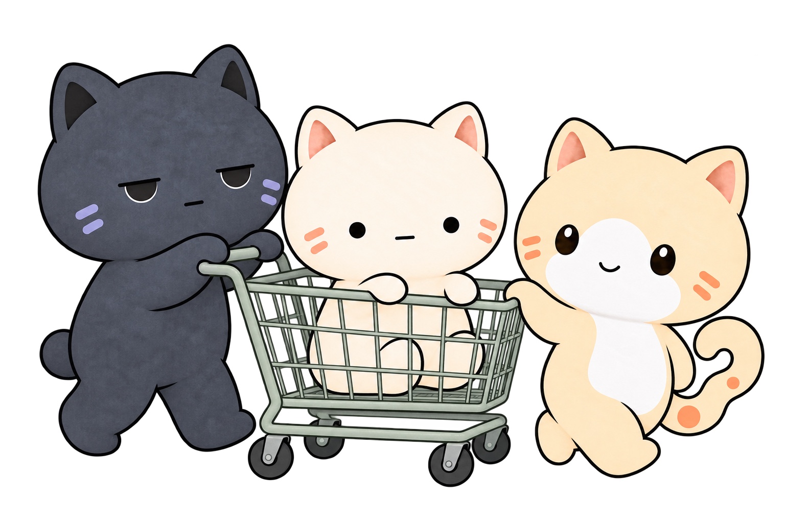 Zilo pushes a shopping cart with Milo sitting inside, while Niko leads the way.