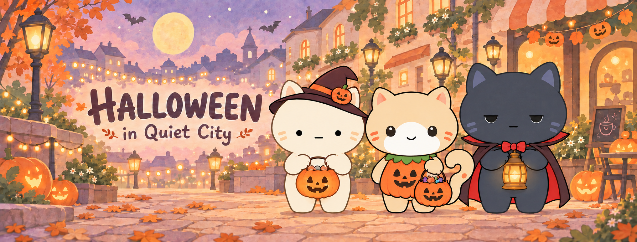 Halloween in Quiet City. Milo wears a wizard hat, Niko wears a pumpkin outfit, and Zilo holds a lantern in a vampire cape on a warm autumn street.