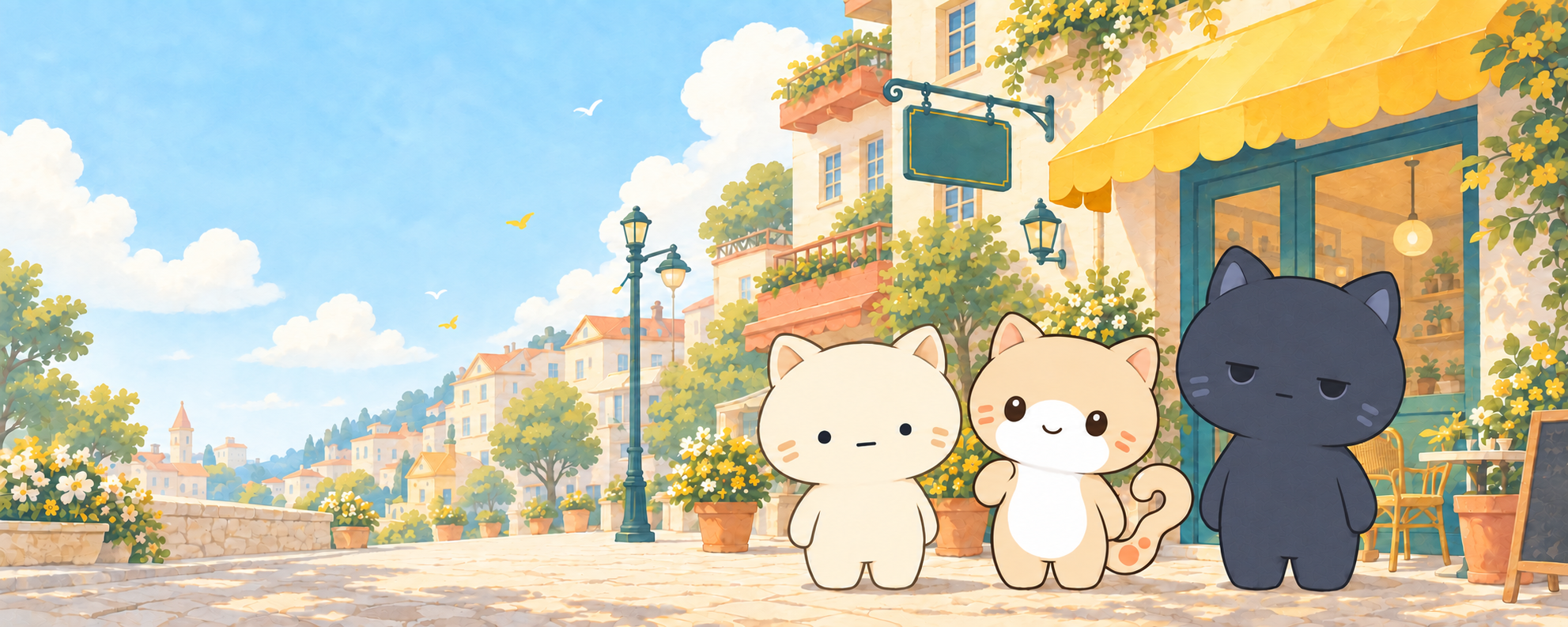 A sunny, plant-filled street in Quiet City, with Milo, Niko, and Zilo outside the café.